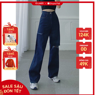 Quần ống rộng jeans rách đùi VIEN TRAN V64W21Q011