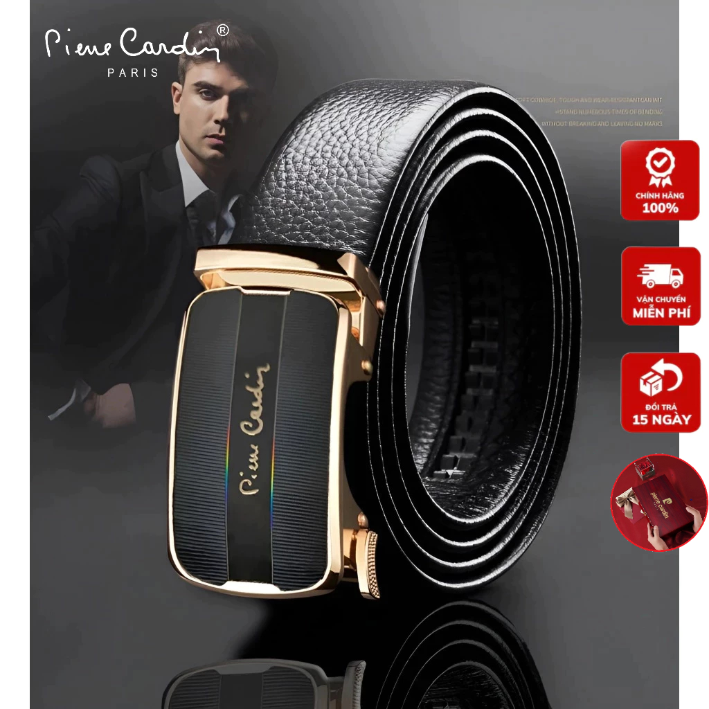 Thắt Lưng Nam Cao Cấp, Dây Nịt Nam Hàng Hiệu Pierre Cardin VIP125 Da Bò Nguyên Tấm, Khóa Tự Động VIP