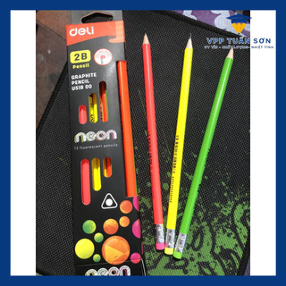Hộp 12 Bút Chì Gỗ Deli 2B Neon Có Đầu Tẩy - Ms: U51800