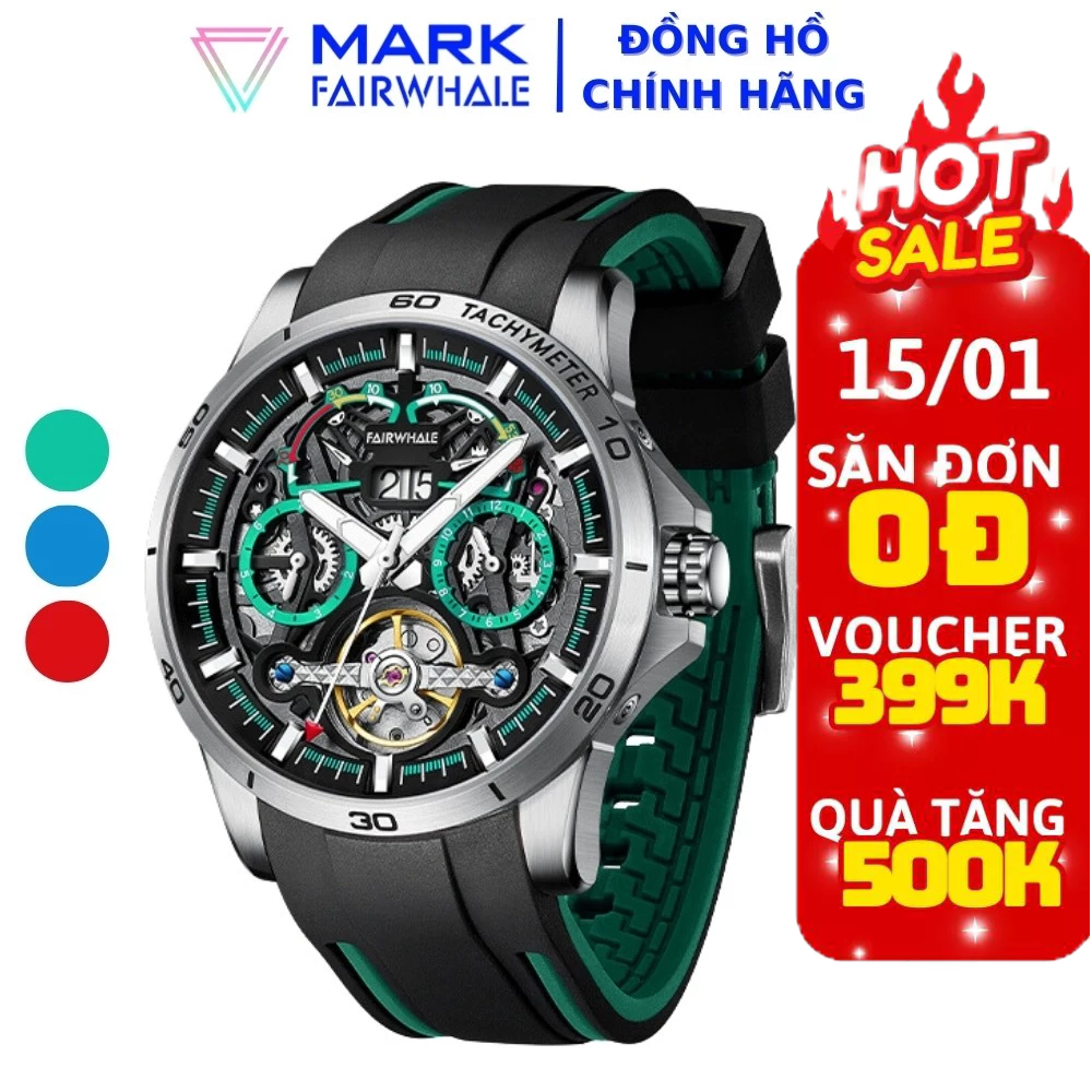 Đồng Hồ Nam Tourbillon Chính Hãng Mark Fairwhale FW014 Size 44mm Dây Đeo Silicone Chống Nước 30m Lộ Cơ Mặt Dial 2 mFW014