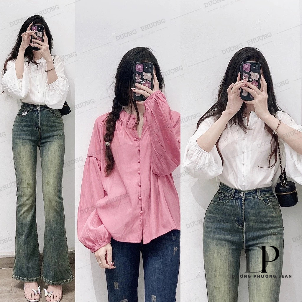 Áo sơ mi nữ tay dài, áo sơ mi kiểu nút bọc tay phồng phong cách nữ tính duongphuongjean - AO046