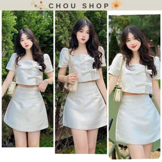 Sét Váy Tafta Lệch Nơ Màu Trắng Kèm Chân Váy Chữ A Có Quần Trong