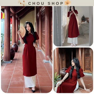 Áo Dài Cách Tân Cổ Yếm Tay Phồng Mẫu Mới Kèm Quần (HA1)