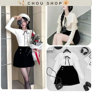 Sét váy áo len nơ cổ + chân váy nhung 2 ghim nơ