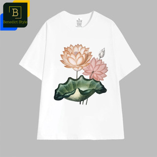 Cao cấp - Áo thun oversize in hình lá và hoa Sen sắc cam hồng trắng nét vẽ màu nước thanh lịch Lotus shirt BND690