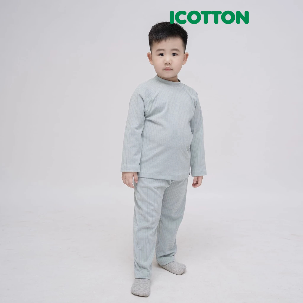 Bộ giữ nhiệt icotton cho bé từ 1 đến 10 tuổi màu Xanh min BG134