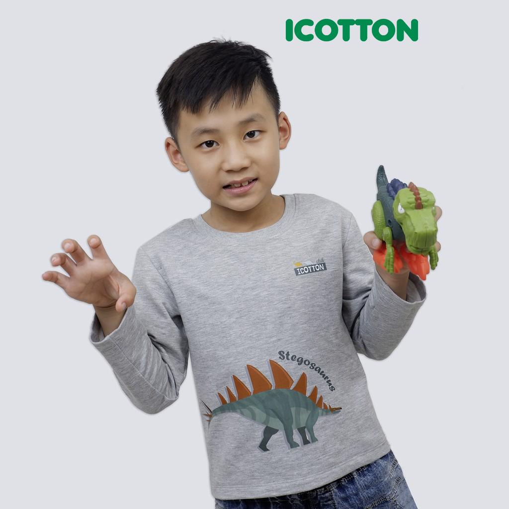 Áo dài tay bé trai Icotton hình khủng long màu Ghi xám BT160
