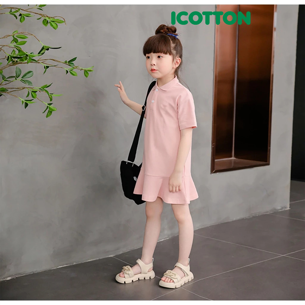 Váy liền thân bé gái Icotton trơn màu Hồng chất cotton 4 chiều BG187