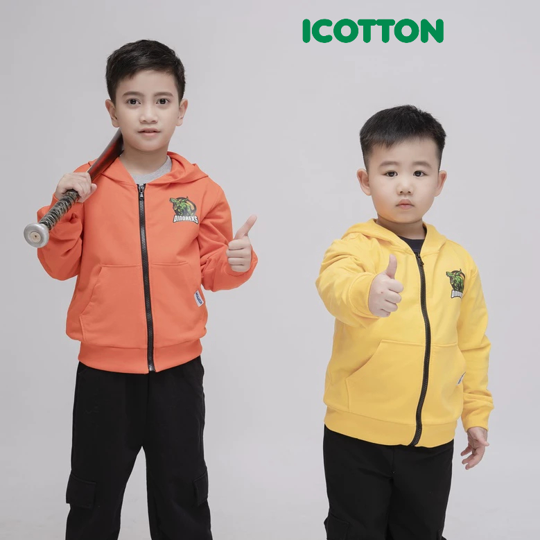 Áo hoodie kéo khoá Icotton hình Khủng long màu Cam BT129