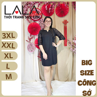 Bigsize công sở - Đầm Ráp Lăn Cổ Chìa Khóa - Ren Đen