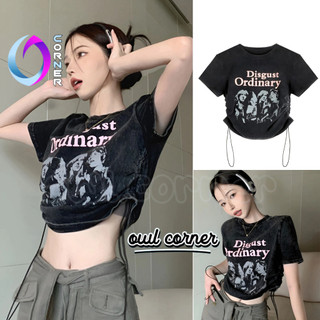 Áo croptop nữ disgust rút dây ôm body chất thun borip in hình, áo thun nữ kiểu sexy owl corner