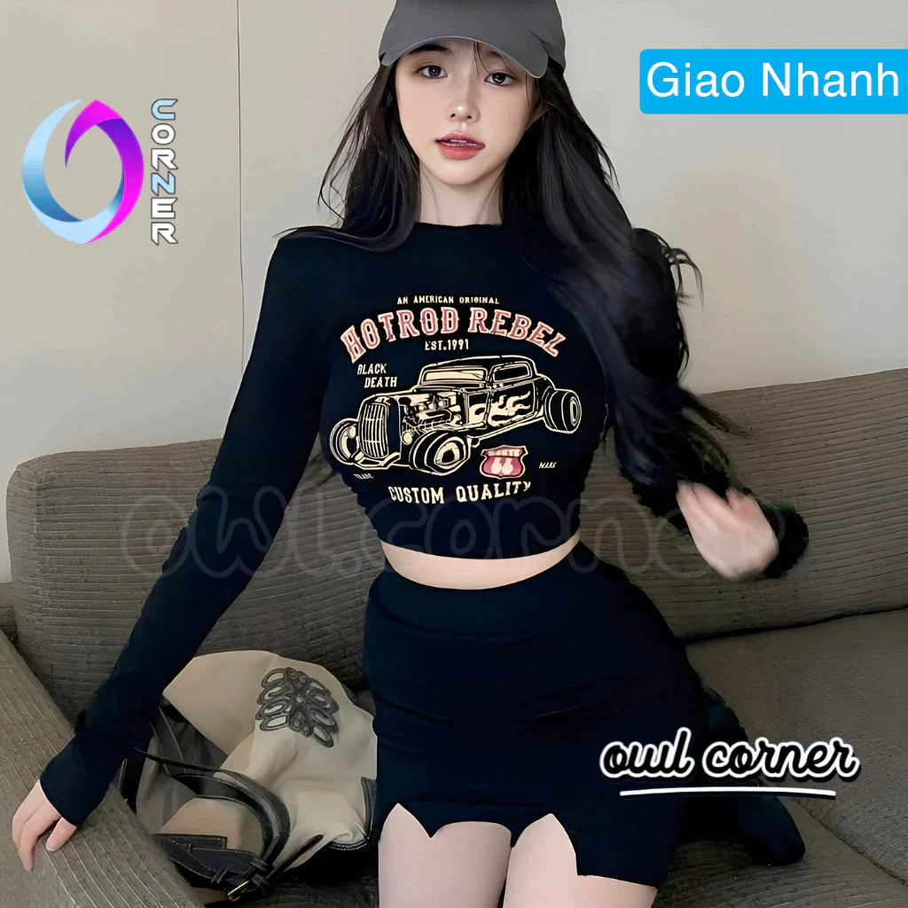 Áo Croptop Ôm Body HOTROD tay dài Đẹp Sexy Nữ, Áo Thun Chất Borip Kiểu In Thời Trang OWL CORNER