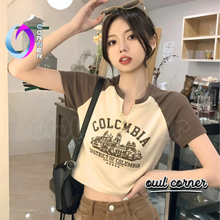 (XẢ HÀNG) Áo Croptop Tay Ngắn Raglan COLOMBIA IN NỔI Cổ Khoét V Chất Borip BM00.1_BM23, Áo Thun Giọt Lệ Kiểu Nữ OWL
