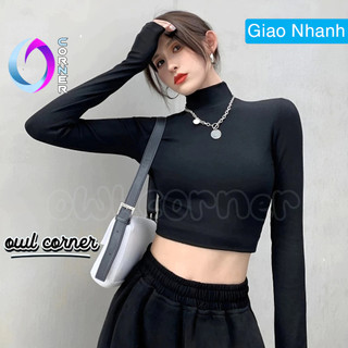 Áo croptop tay dài cổ lọ chất thun gân, áo thun nữ dáng basic ôm body kiểu trơn đẹp owl corner