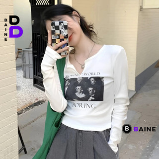 Áo Croptop Nữ GROWN UP TAY DÀI KHOÉT V Chất Thun Gân Kiểu Sexy Nữ, Áo Thun Ôm Body In Hoạ Tiết Đẹp Tôn Dáng BAINE