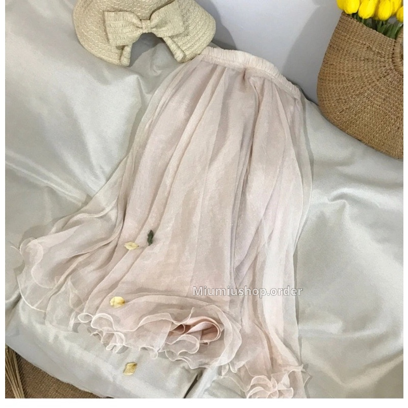 Chân váy midi voan phong cách vintage hàng QC màu be free size