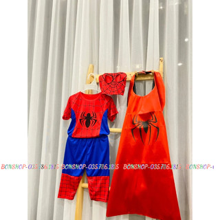 Bộ quần áo siêu nhân nhện tay ngắn có mũ chùm đầu + Tà bay siêu nhân nhện có mặt nạ