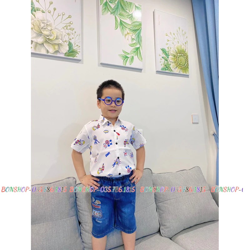 Aó sơ mi bé trai họa tiết siêu nhân size dưới 25kg , Vải co giãn cài cúc cổ bẻ