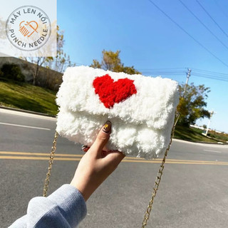 DIY Túi xách len bông xù đeo chéo tự đan họa tiết trái tim. Túi xách đan len túi xách handmade