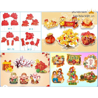 Set Cắm giấy Tết, thần tài phúc lộc thọ chúc mừng năm mới trang trí bánh sinh nhật