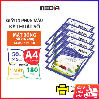 5 xấp giấy in màu media 1 mặt bóng a4 180gsm 50 tờ x 5, giấy in ảnh, giấy in phun màu
