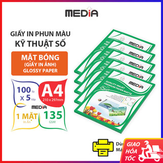 5 xấp giấy in màu media 1 mặt bóng a4 135gsm 100 tờ x 5, giấy in ảnh, giấy in phun màu