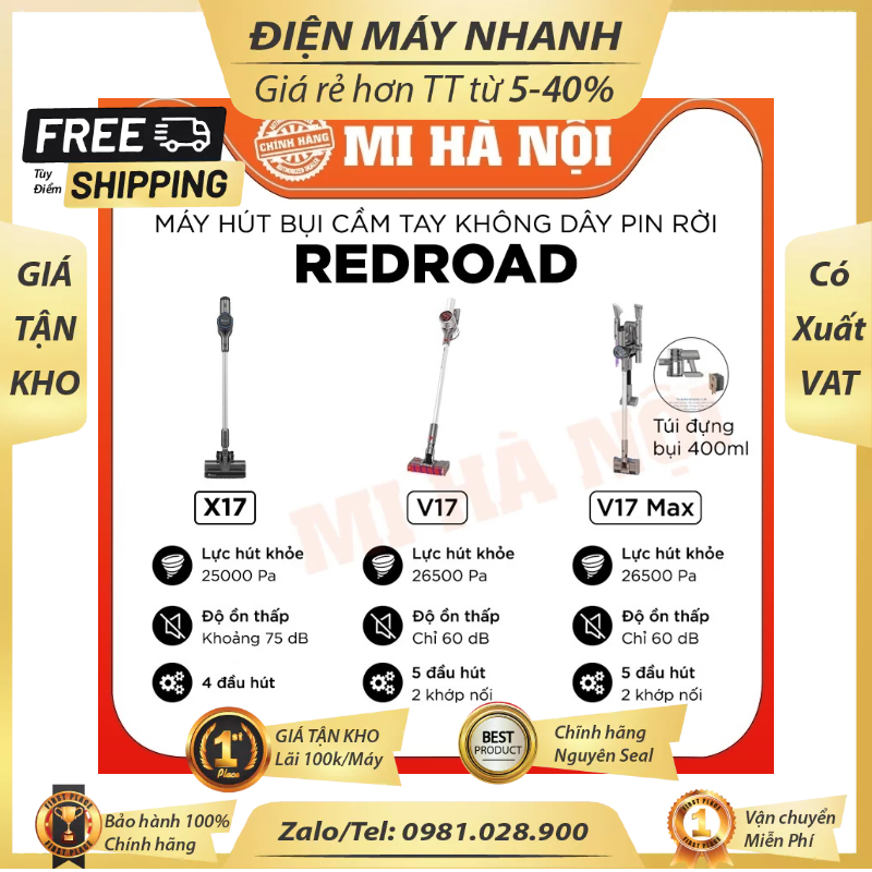 Máy hút bụi không dây cầm tay,pin rời Redroad V17/ V17 Max/ X17 / V17 Lite – BH Máy 12 tháng DMK
