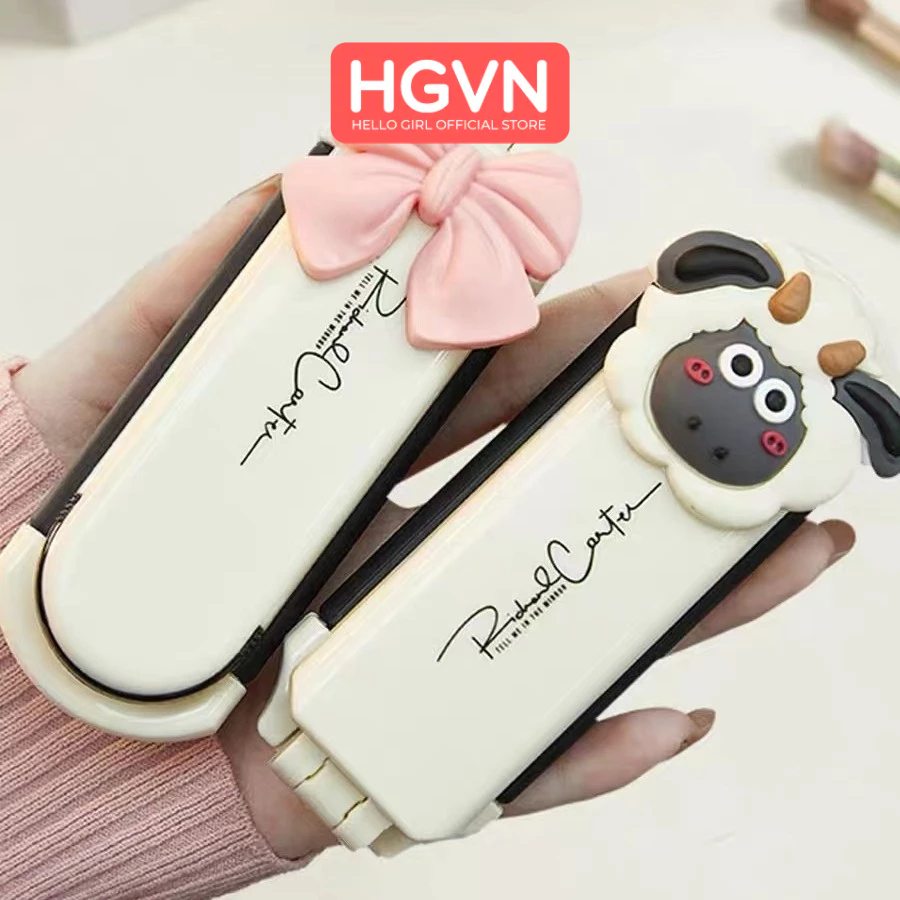 Lược gương massage trang điểm gấp gọn bỏ túi cầm tay đính charm nơ cừu dễ thương HGVN gương tháo rời tiện lợi hàn quốc
