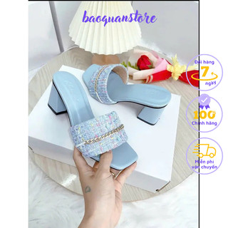 Dép guốc gót vuông quai ngang xích màu xanh, đen