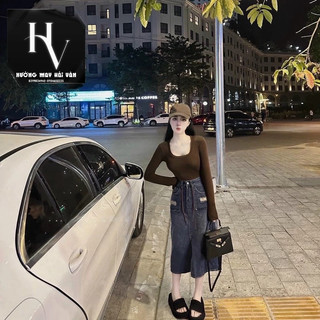 HV - Chân váy jeans dáng dài 2 túi dây nâu