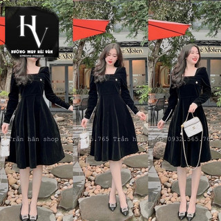 Hv - váy nhung đỏ cổ vuông dài tay