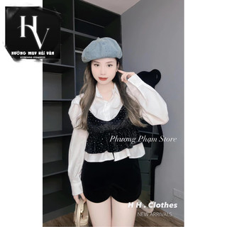 Hv - set áo sơ mi mix áo 2 dây nhung đính đá, áo cặp sơ mi phối áo nhung đính đá quảng châu