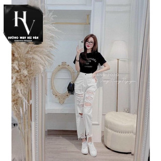 HV - Quần jean baggy  rách cá tính, Quần bò baggy trắng rách gối hai bên cá tính cho nàng