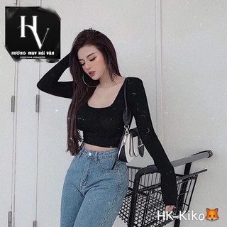 HV - Áo thun dài tay Croptop Tay Cổ U, Chất Borip Dày Mịn, Thoáng Mát,Ảnh Thật