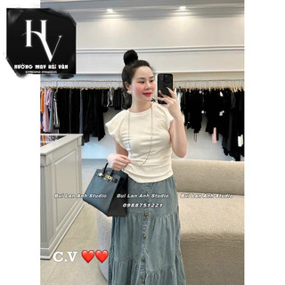 HV - Áo thun body cổ tròn tay bồng nhún eo
