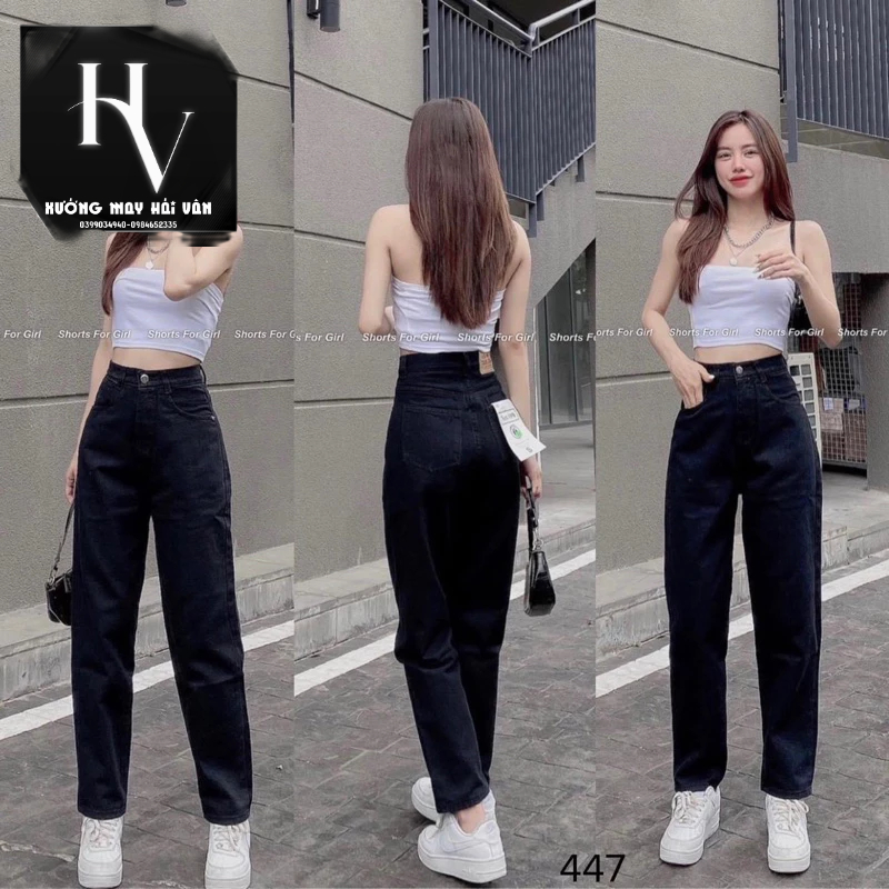 Quần Baggy Bò Trơn Đai Nút Cạp Cao Chất Đẹp Tôn Dáng Dễ Mặc