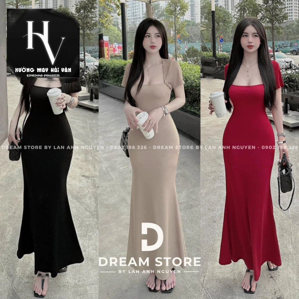 HV - Váy body cổ vuông tay ngắn dáng xòe nữ mùa hè, đầm maxi dáng ôm chất thun zip