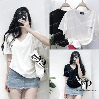 Áo thun nữ tay ngắn cổ tim phom rộng, áo thun cotton phong cách cơ bản co giãn 4 chiều duongphuongjean - AO053