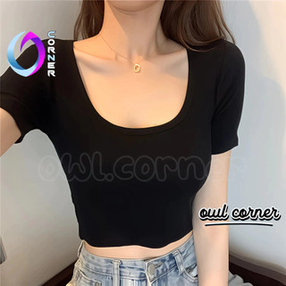 Áo croptop tay ngắn cổ vuông chất thun borip kiểu trơn nữ, áo thun ôm body đẹp tôn dáng owl corner
