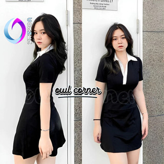 Đầm cổ polo phối trắng tay ngắn phối nút chất borip đẹp, váy ôm body dáng ngắn xòe kiểu trơn tôn dáng owl corner