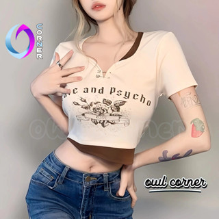 Áo Croptop HOA HỒNG ROSE Phối Cổ Xẻ V Móc Gài Chất Gân CR156, Áo Thun Ôm Kiểu Nữ In Hình Retro OWL CORNER