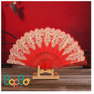 Quạt cổ trang - Quạt vải kim sa trang trí oản tài lộc, trang trí giỏ quà Tết - quạt đỏ decor