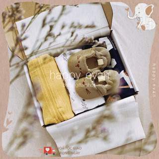 🅷🅴 [Hộp + thiệp] Hộp quà 4 món tặng đầy tháng bé trai bé gái, size 0-3m, <6kg, quà tặng mẹ bầu, set quà cho bé sơ sinh