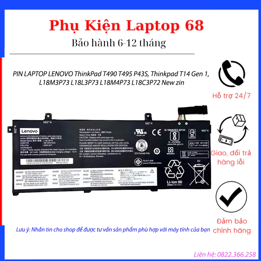 PIN LAPTOP LENOVO ThinkPad T490 T495 P43S, Thinkpad T14 Gen 1, L18M3P73 L18L3P73 L18M4P73 L18C3P72 New zin