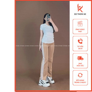 Áo cổ tim anling màu trắng , quần suông das 3 sọc màu cfe sữa eothon60