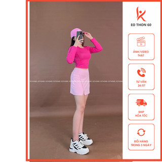 Áo crop trơn tay dài hồng đậm , chân váy nai xẻ đùi hồng nhạt eothon60