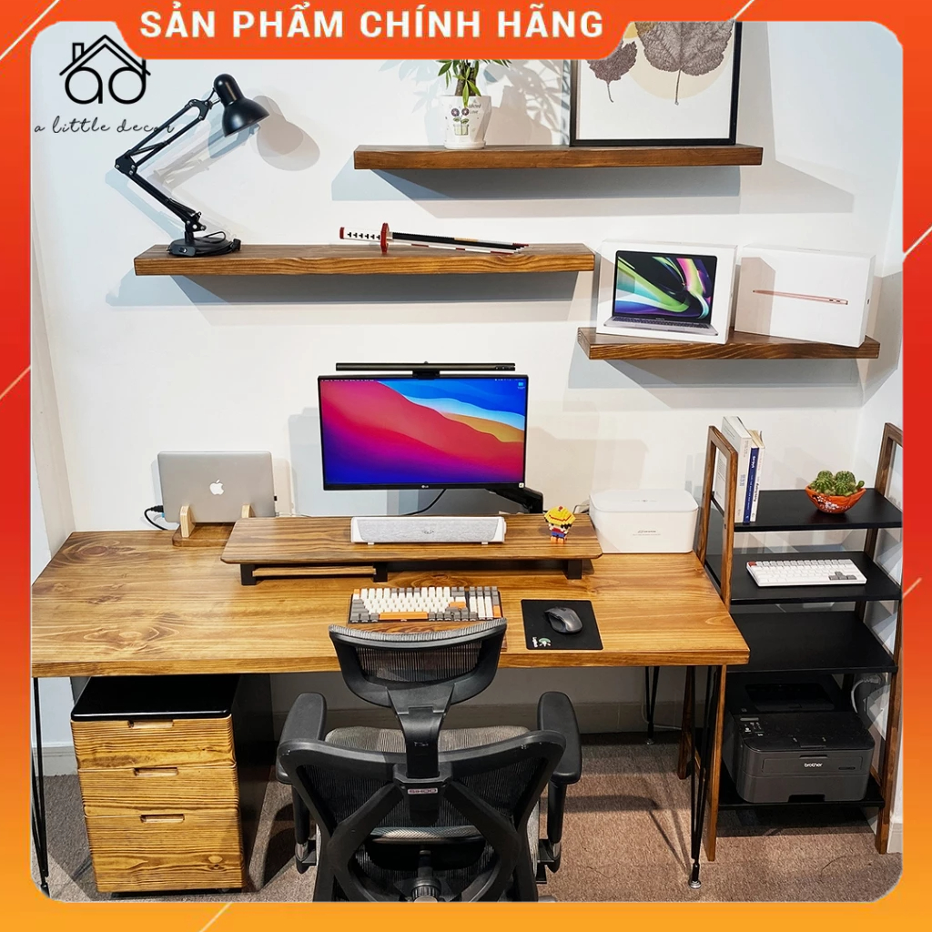 Bàn Làm Việc, Bàn Gaming Bằng Gỗ Thông Tự Nhiên Nguyên Khối 100% Không Cong Vênh - Chuyên Decor, Setup Góc Làm Việc