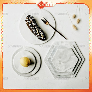 Khay Ceramic tròn Nai Decor hiện đại (Vân Marble xám) dùng trang trí nhà cửa, chụp food