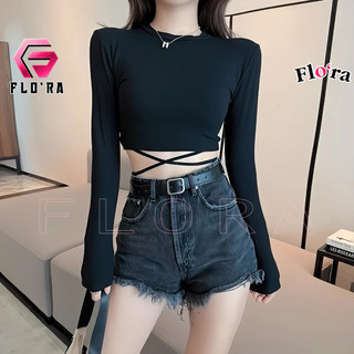 Áo croptop tay dài quấn bụng chất thun borip, áo thun phối dây buộc eo kiểu trơn ôm body nữ đẹp tôn dáng flo'ra