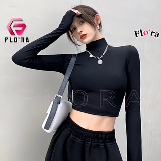 Áo croptop tay dài cổ lọ chất thun gân, áo thun dáng basic nữ ôm body kiểu trơn đẹp flo'ra